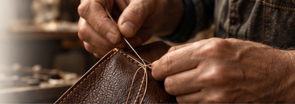 Close-up of hand-stitching leather