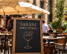 Sabani Spritzeria terrace and signboard